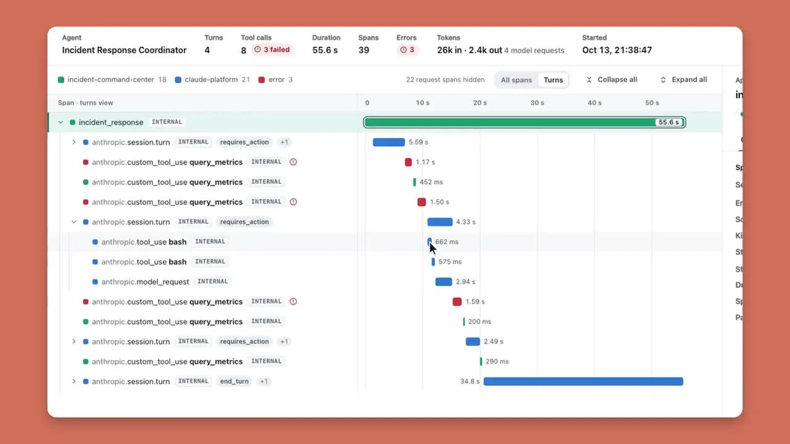 ClaudeDevs 官方示範：Managed Agents 工作階段的追蹤時間軸，可見失敗的工具呼叫與各 span 耗時