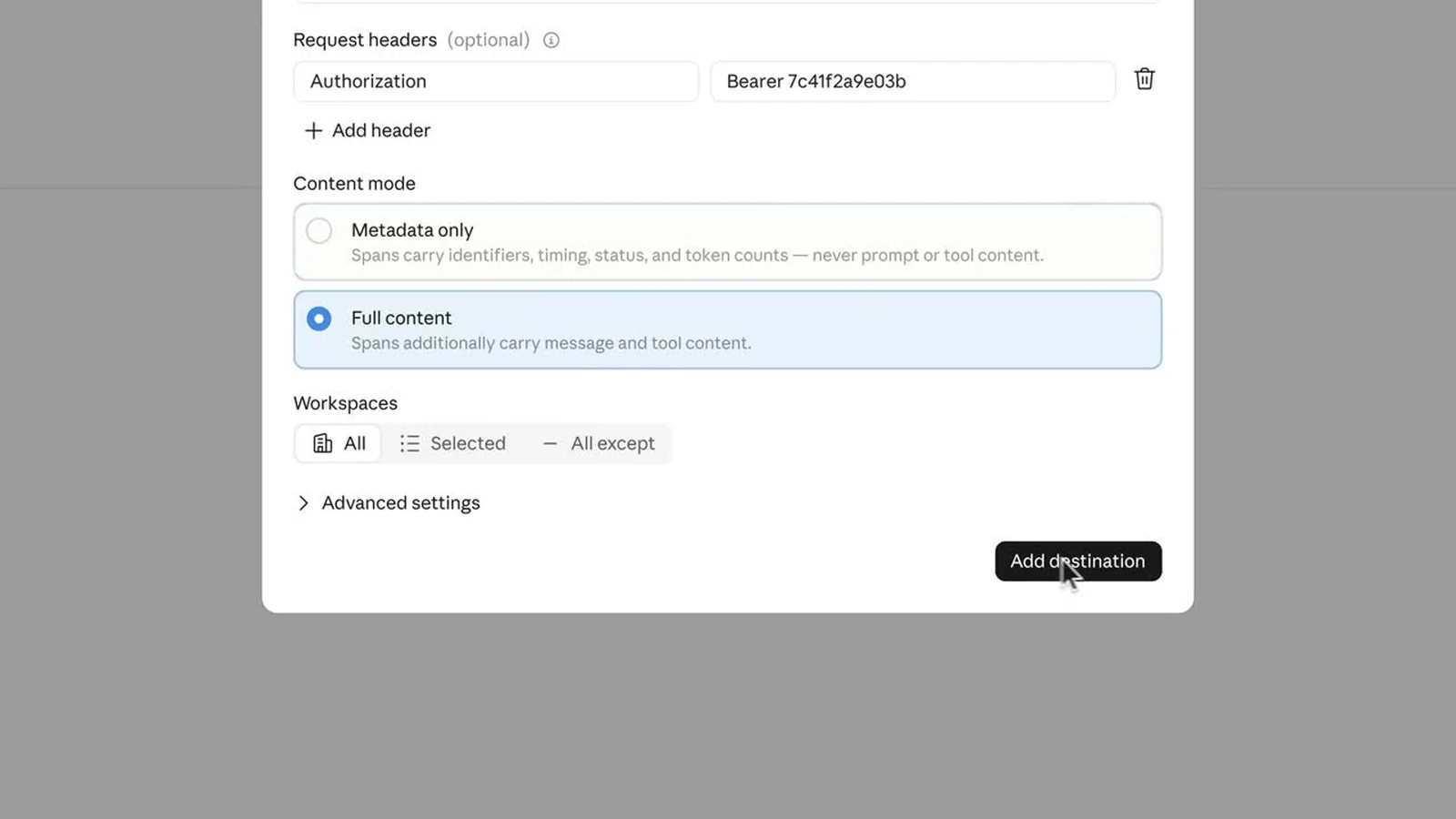 官方示範：在 Claude Console 新增 OpenTelemetry destination，可選 Metadata only 或 Full content