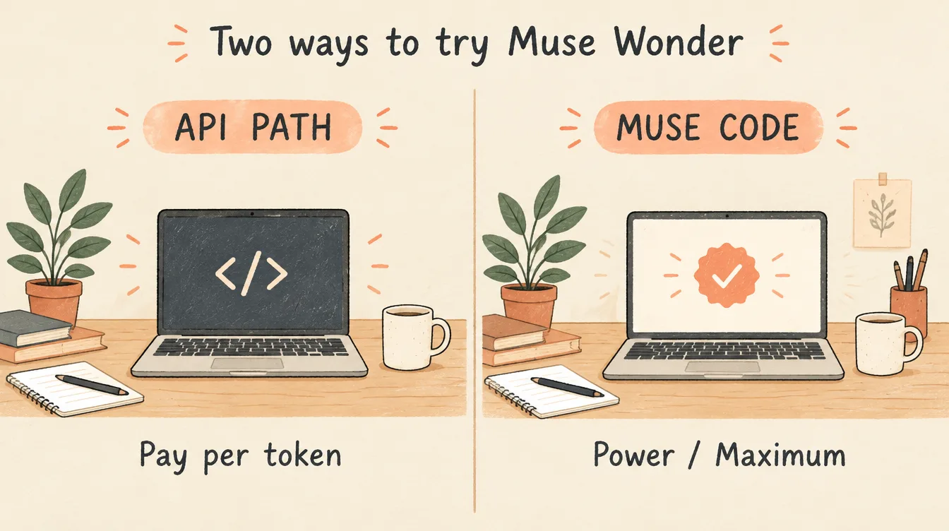 兩種試用路徑示意：API 按量 vs Muse Code 訂閱
