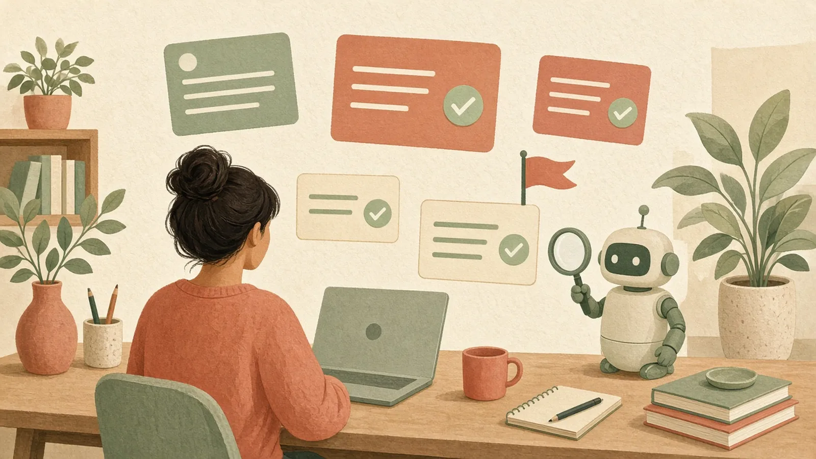 工程師在書桌前，AI 小機器人用放大鏡逐一審查打勾的程式碼卡片（AI 生成圖片）